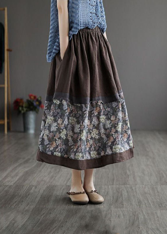 Women Coffee Wrinkled Pockets Print Patchwork Linen Skirt Summer