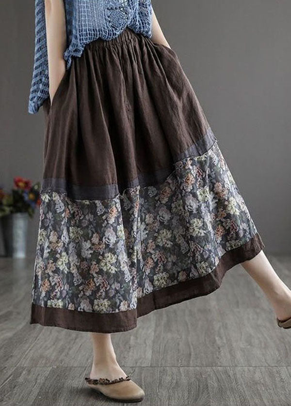 Women Coffee Wrinkled Pockets Print Patchwork Linen Skirt Summer