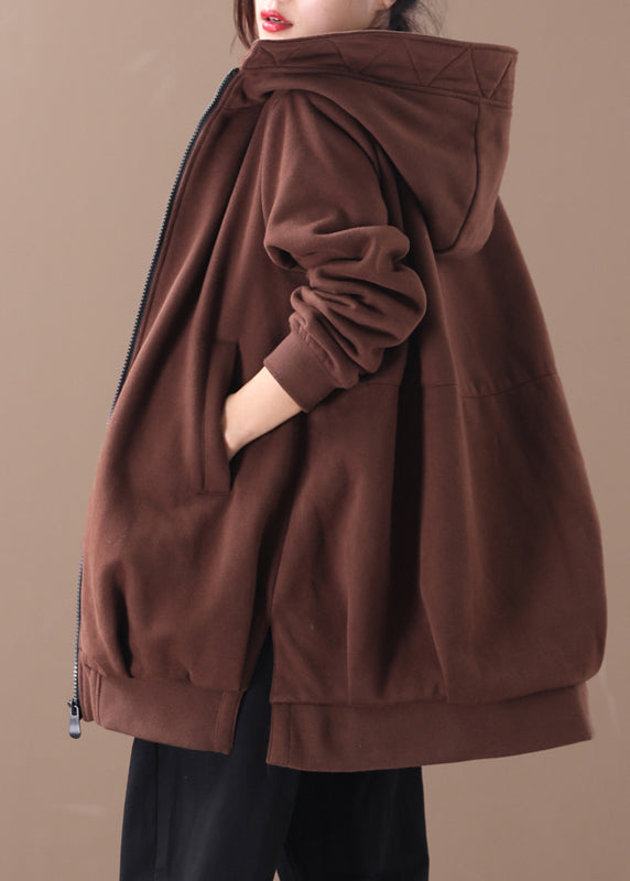 Women Chocolate Zippered Low High Design Hooded Coats Long Sleeve