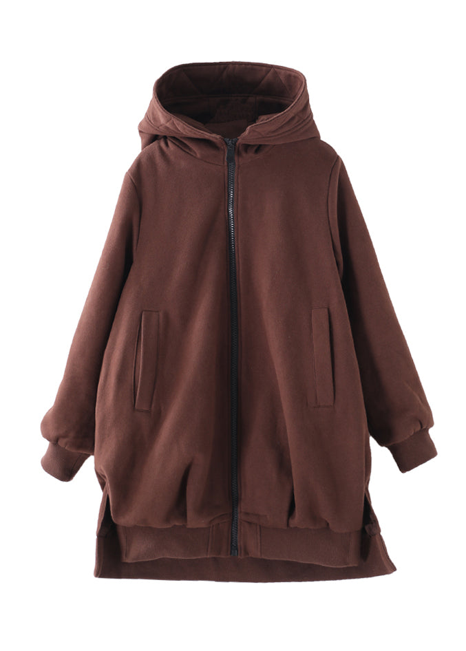Women Chocolate Zippered Low High Design Hooded Coats Long Sleeve