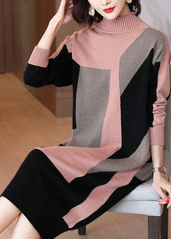 Women Colorblock High Neck Print Knit Sweater Dress Winter