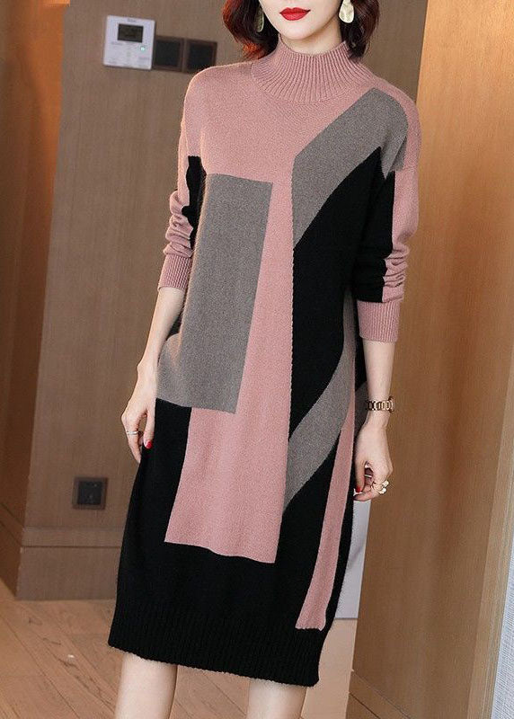 Women Colorblock High Neck Print Knit Sweater Dress Winter