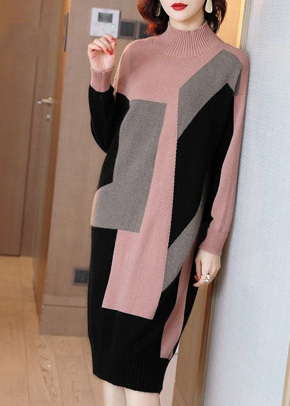 Women Colorblock High Neck Print Knit Sweater Dress Winter