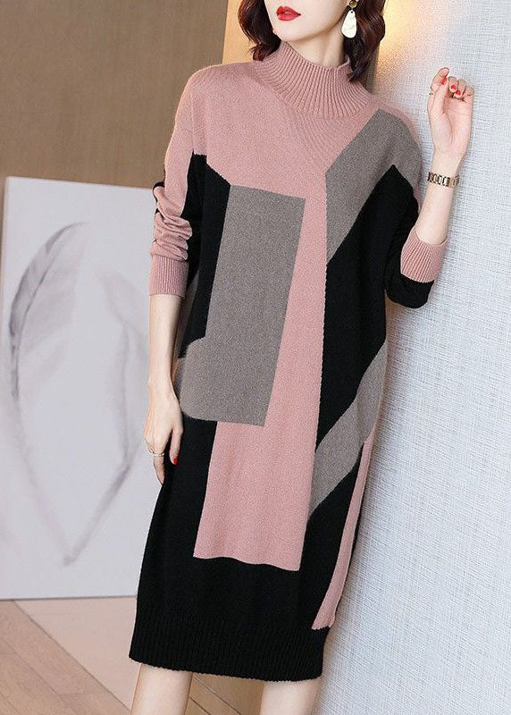 Women Colorblock High Neck Print Knit Sweater Dress Winter