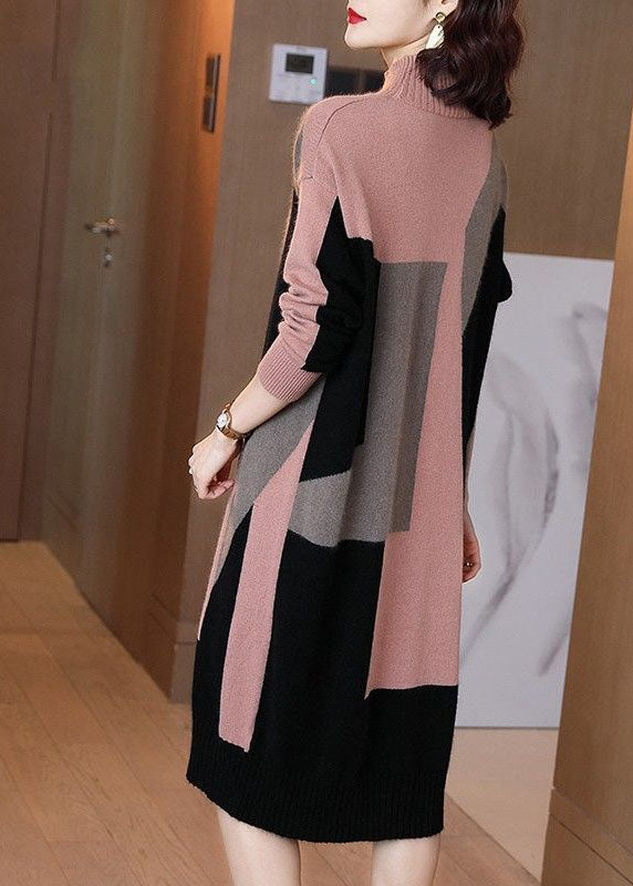 Women Colorblock High Neck Print Knit Sweater Dress Winter