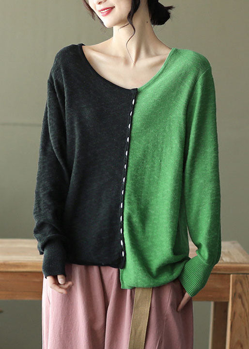 Women Colorblock O-Neck Oversized Patchwork Knit Tops Spring - Omychic