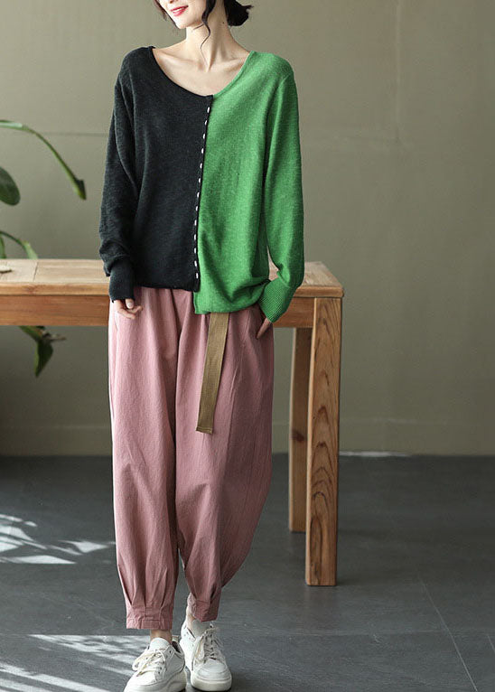 Women Colorblock O-Neck Oversized Patchwork Knit Tops Spring