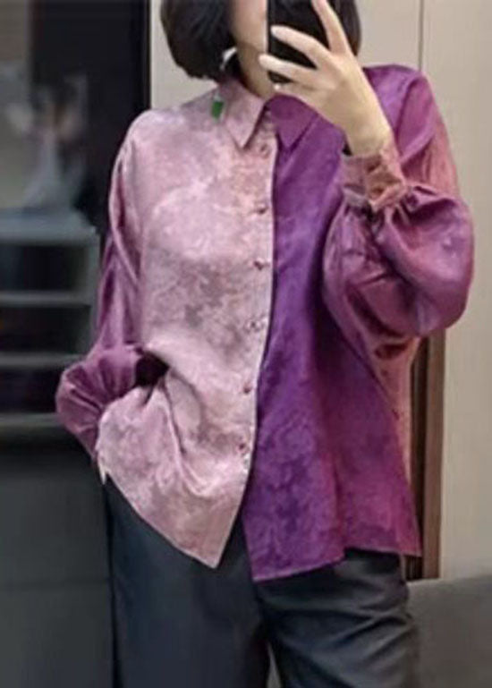 Women Colorblock Peter Pan Collar button Jacquard Patchwork Silk shirt Spring