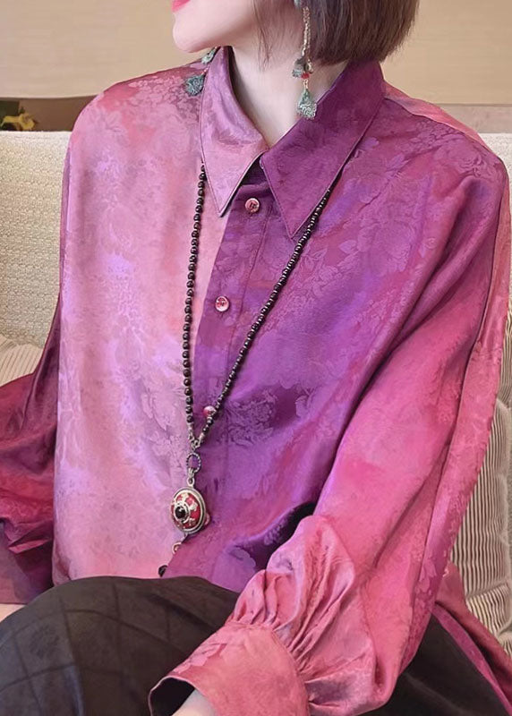 Women Colorblock Peter Pan Collar button Jacquard Patchwork Silk shirt Spring