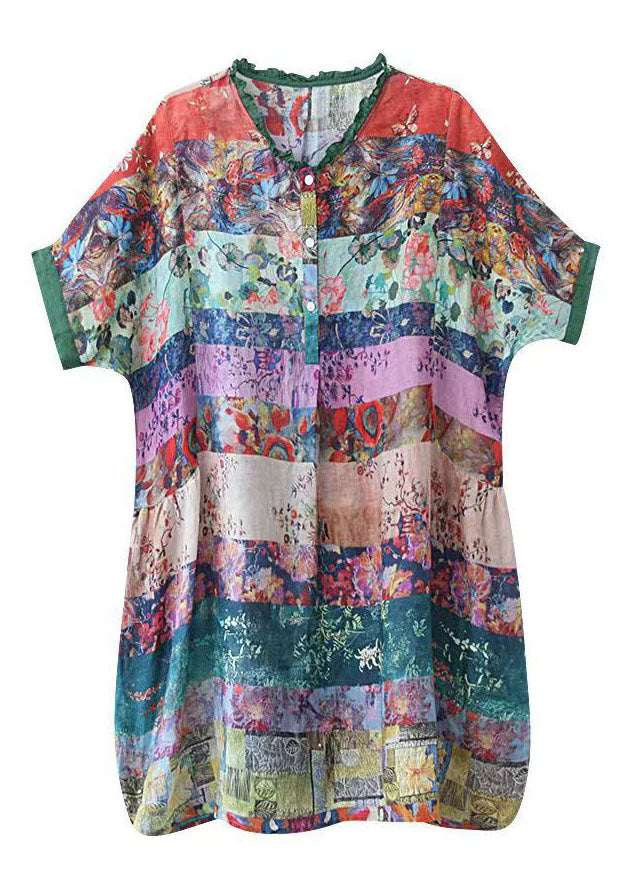 Women Colorblock Ruffled Print Patchwork Cotton Shirt Top Half Sleeve