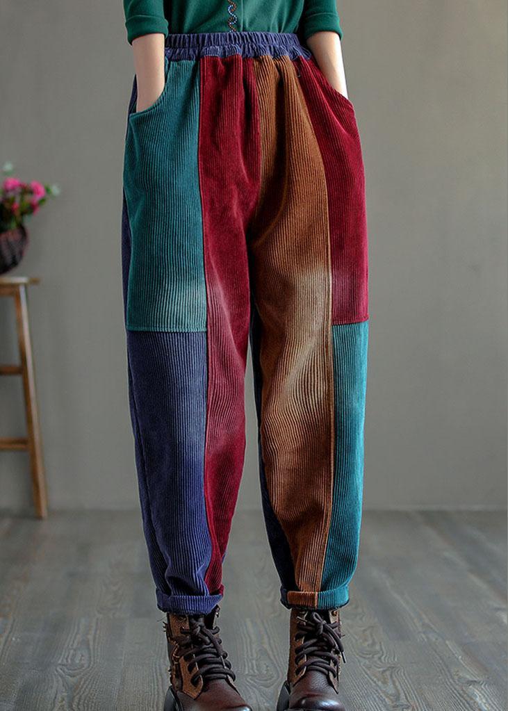 Women Colorblock Thick Corduroy Patchwork Fall Pants - Omychic