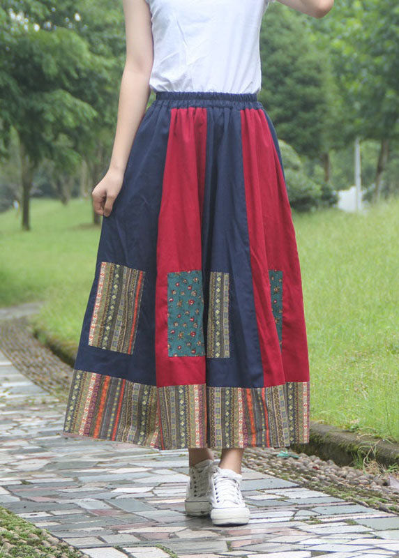 Women Colorblock Wrinkled Print Patchwork Elastic Waist Cotton Skirts Spring