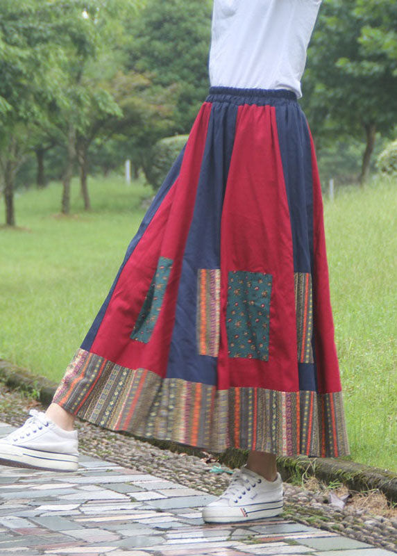 Women Colorblock Wrinkled Print Patchwork Elastic Waist Cotton Skirts Spring