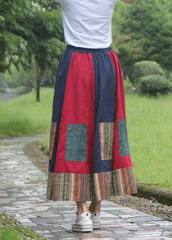 Women Colorblock Wrinkled Print Patchwork Elastic Waist Cotton Skirts Spring