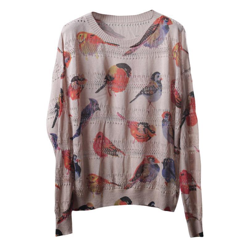 Women Cotton Bird Printing Hollow Knitting Shirt - Omychic