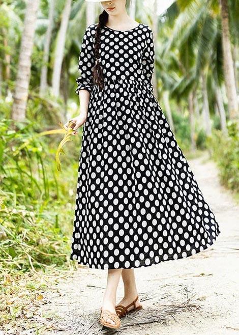 Women Cotton Clothes Plus Size Spring Pleated Long Black Dots Dress ( Limited Stock) - Omychic