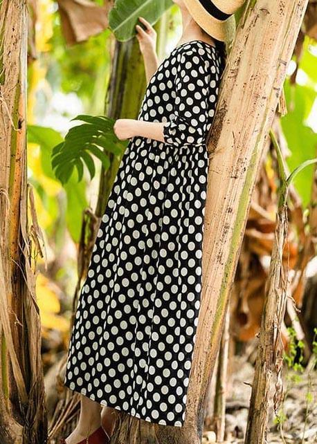Women Cotton Clothes Plus Size Spring Pleated Long Black Dots Dress ( Limited Stock) - Omychic