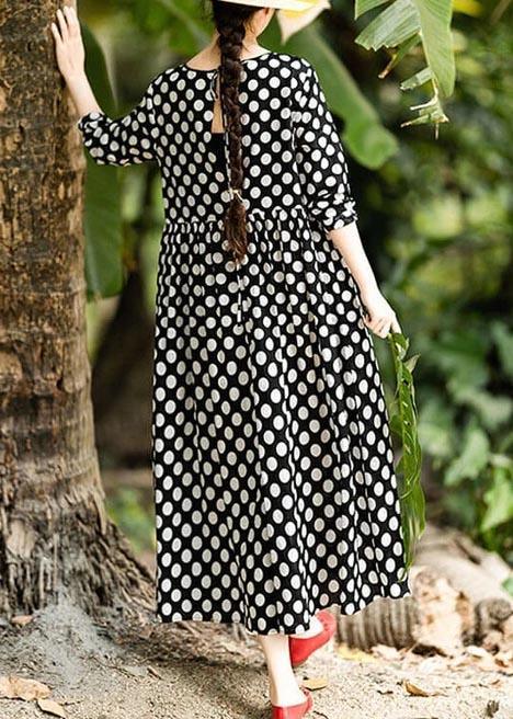 Women Cotton Clothes Plus Size Spring Pleated Long Black Dots Dress ( Limited Stock) - Omychic