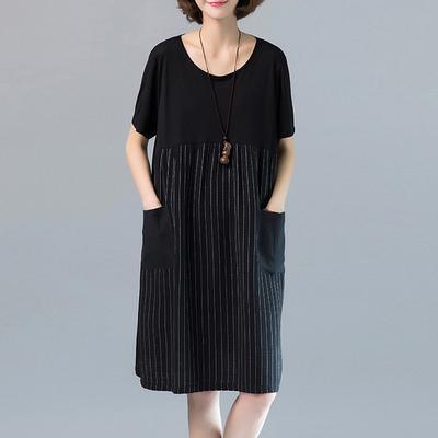 Women Cotton clothes Women Fine Summer Casual Loose Striped Round Neck Dress - Omychic