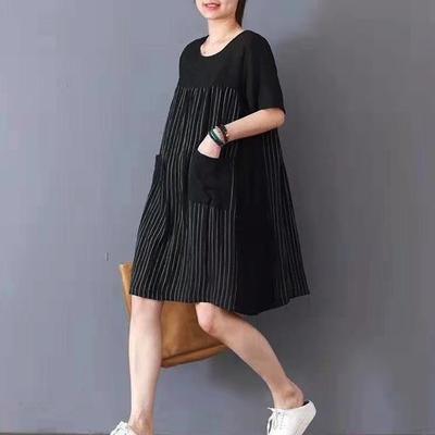 Women Cotton clothes Women Fine Summer Casual Loose Striped Round Neck Dress - Omychic