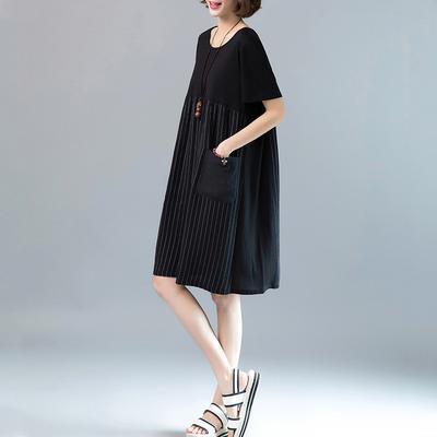 Women Cotton clothes Women Fine Summer Casual Loose Striped Round Neck Dress - Omychic