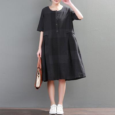 Women Cotton quilting clothes summer black Linen Loose Plaid Dress - Omychic