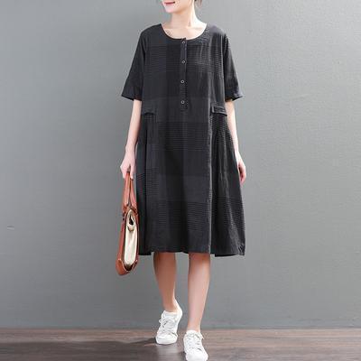 Women Cotton quilting clothes summer black Linen Loose Plaid Dress - Omychic