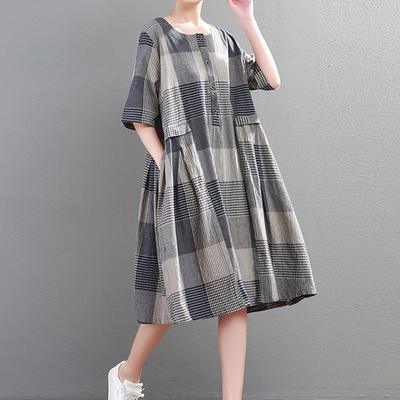 Women Cotton quilting clothes summer black Linen Loose Plaid Dress - Omychic