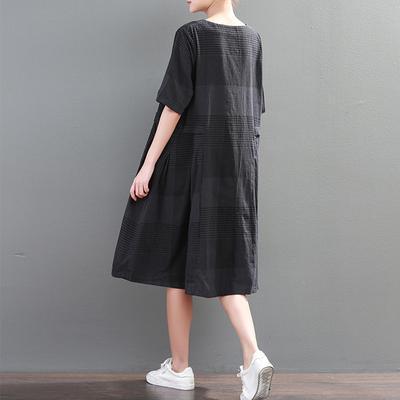 Women Cotton quilting clothes summer black Linen Loose Plaid Dress - Omychic