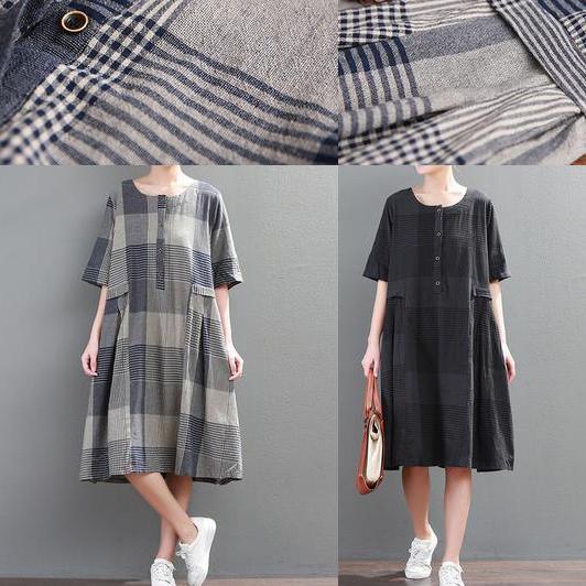 Women Cotton quilting clothes summer black Linen Loose Plaid Dress - Omychic