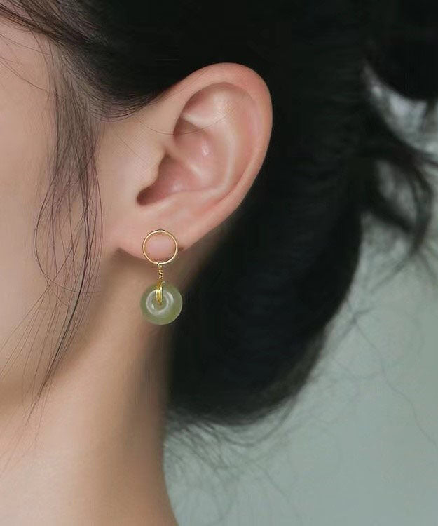 Women Cyan Sterling Silver Overgild 14K Gold Jade Drop Earrings