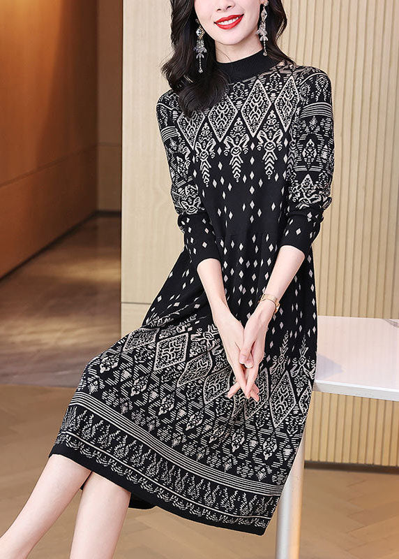 Women Dark Coffee High Neck Jacquard Knit Long Sweater Winter