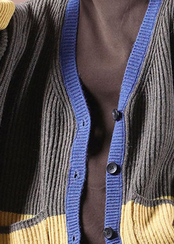 Women Dark Grey Pockets Colorblock Button Fall Sweater Jackets - Omychic