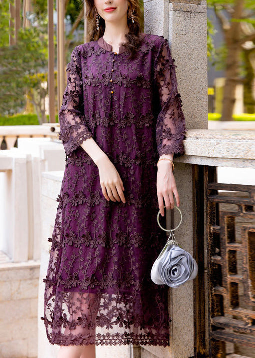 Women Dark Purple Embroideried Hollow Out Organza Long Dress Spring