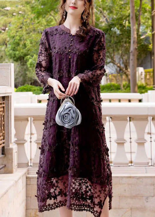 Women Dark Purple Embroideried Hollow Out Organza Long Dress Spring