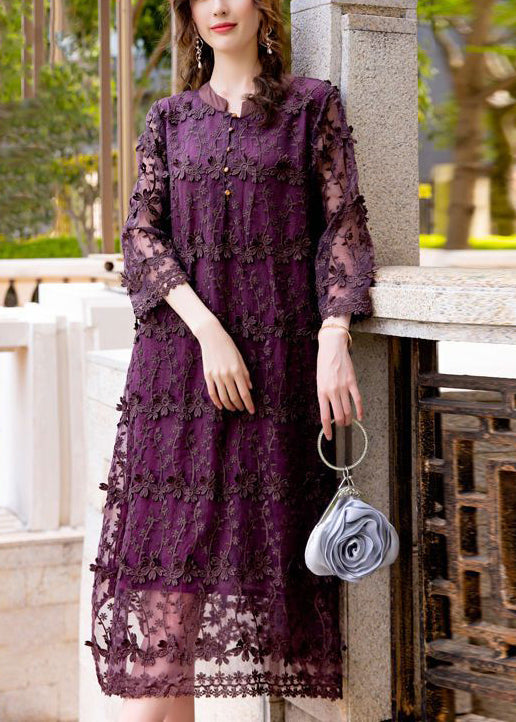 Women Dark Purple Embroideried Hollow Out Organza Long Dress Spring