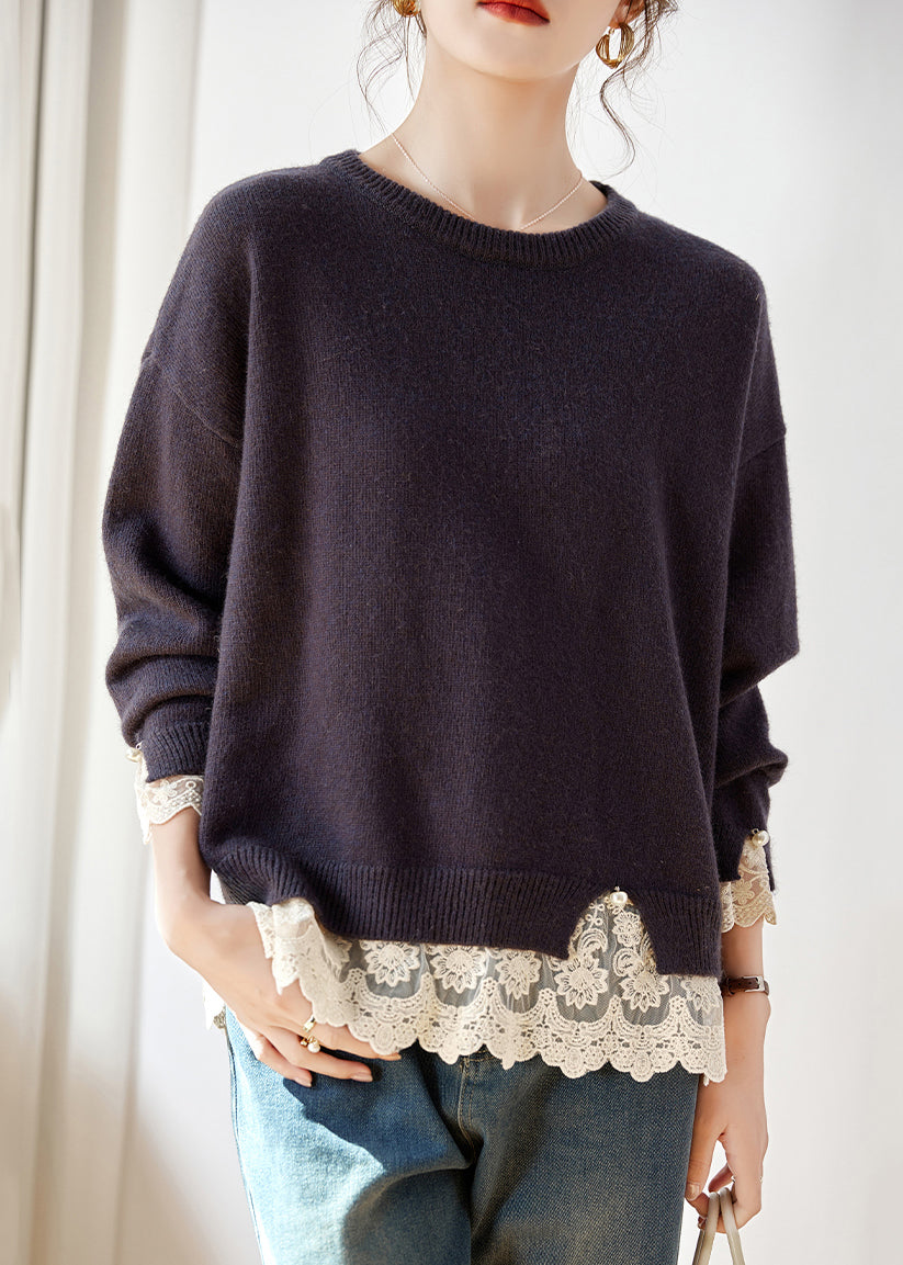 Women Deep Purple Lace Patchwork Cotton Knit Sweaters Fall