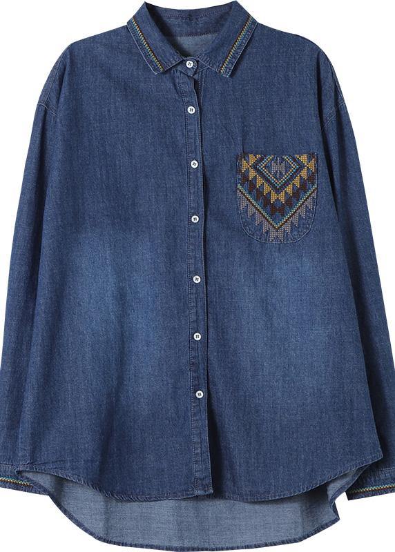 Women Denim Blue Shirts Lapel Plus Size Clothing Spring Shirt - Omychic