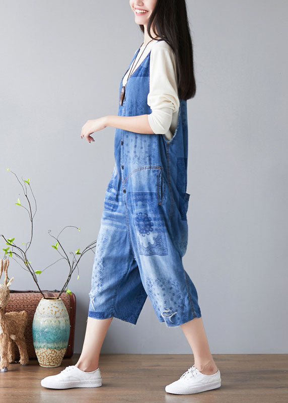 Women Denim Blue V Neck Print Cotton Jumpsuits Ripped Jeans Spring