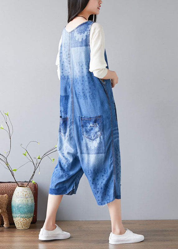 Women Denim Blue V Neck Print Cotton Jumpsuits Ripped Jeans Spring