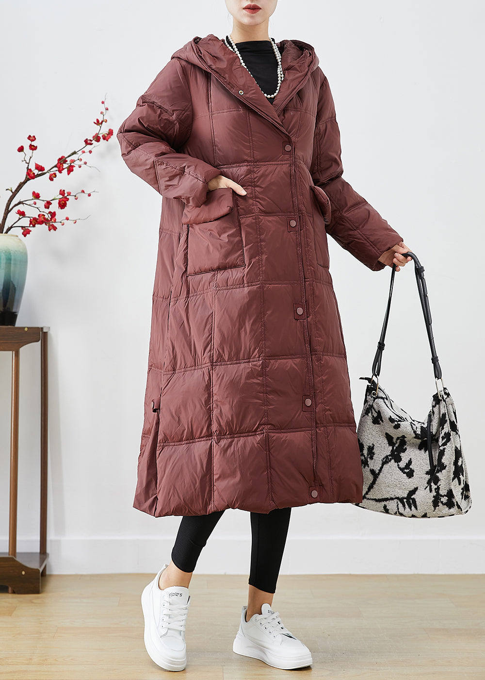 Women Dull Red Oversized Plaid Duck Down Canada Goose Jacket Winter