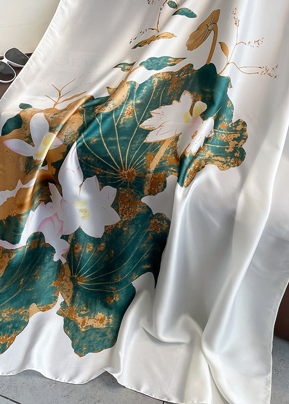 Women Elegant White Lotus Print Versatile Silk Scarf