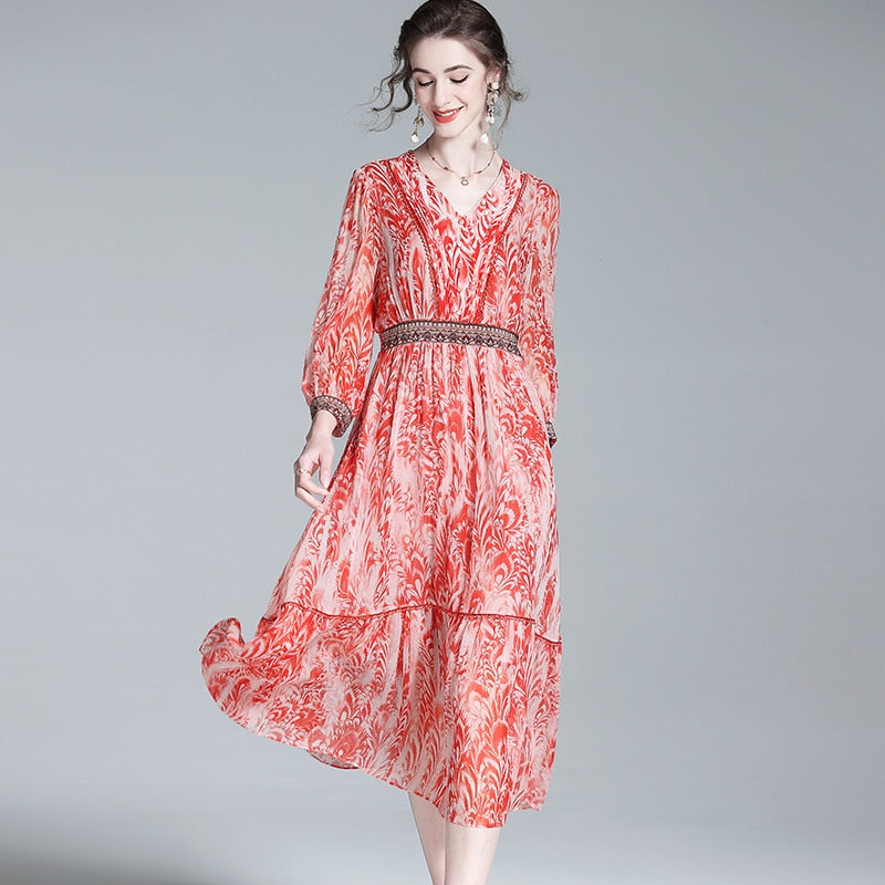 Casual Embroidery Floral Silk Ruffled V-Neck Midi Dress