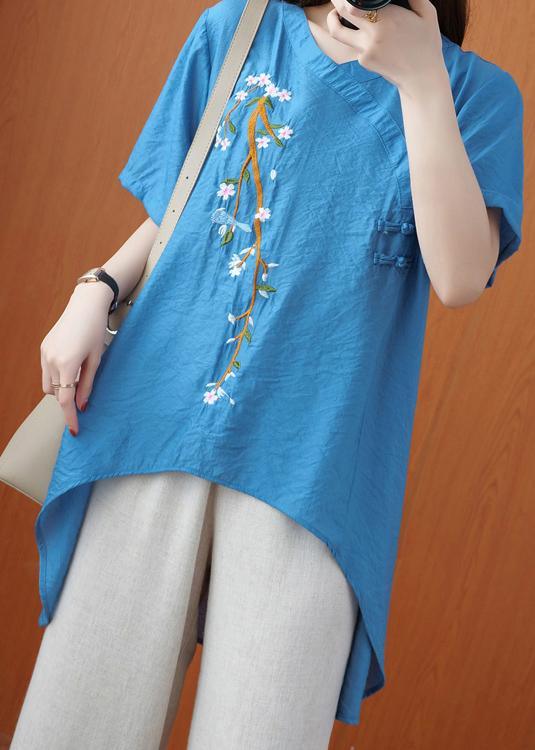Women Embroidery Summer Top Wardrobes Blue Tops - Omychic