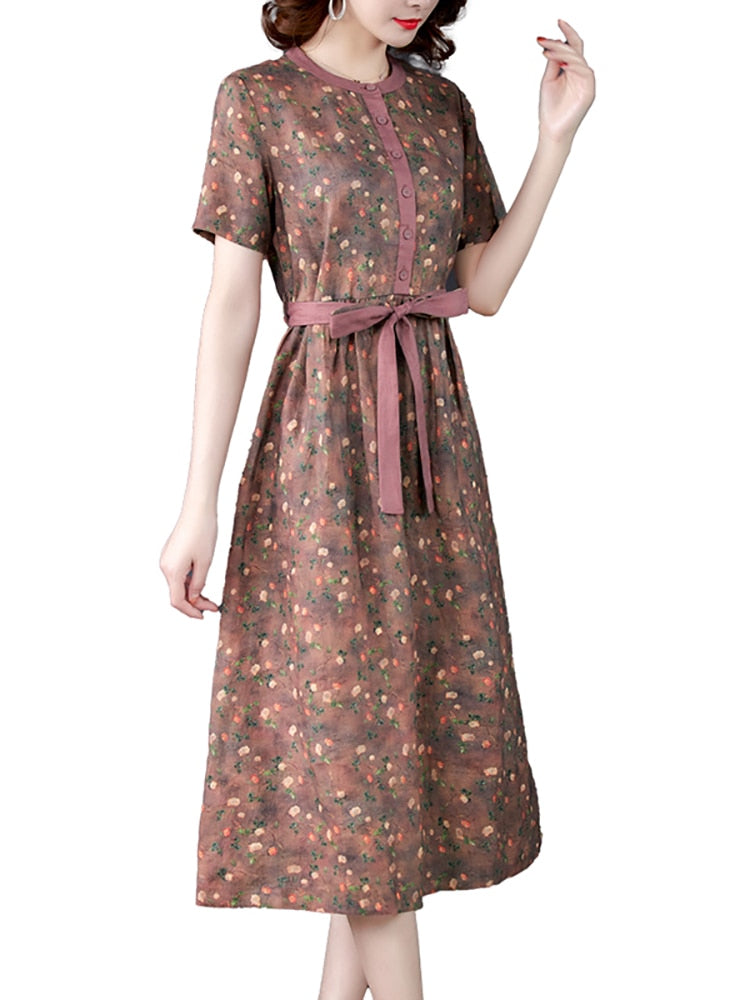 Floral Ramie Chic Luxury Silk Party Dress Short Sleeve