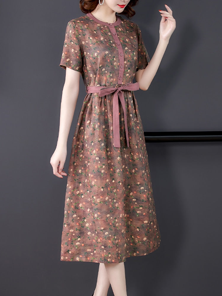 Floral Ramie Chic Luxury Silk Party Dress Short Sleeve