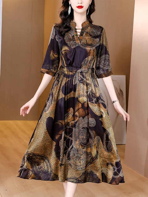 Casual Vintage Floral Natural Silk Satin Dress