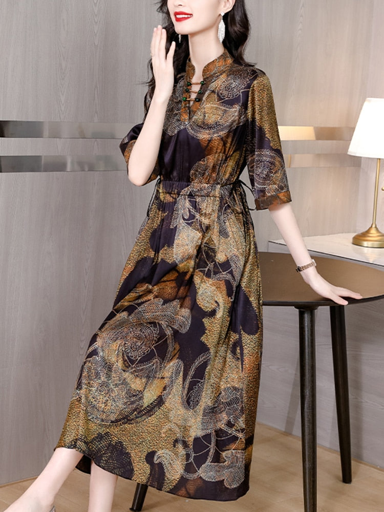 Casual Vintage Floral Natural Silk Satin Dress