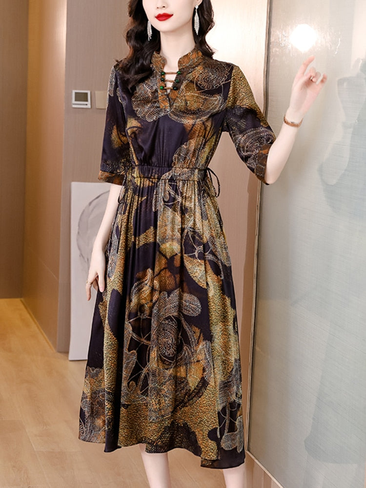 Casual Vintage Floral Natural Silk Satin Dress