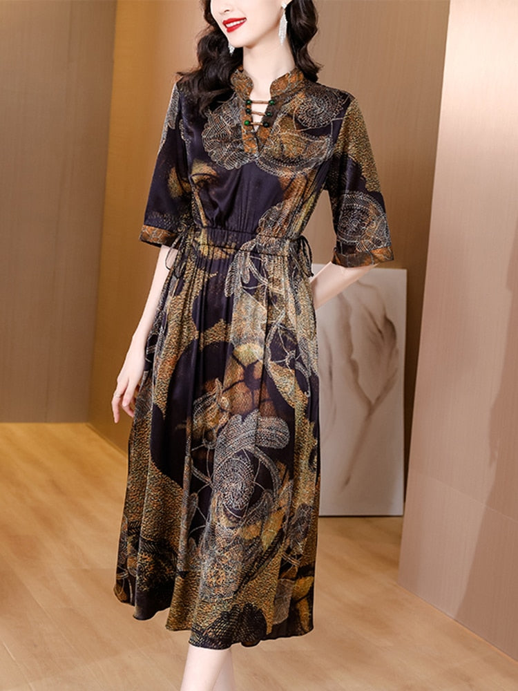 Casual Vintage Floral Natural Silk Satin Dress